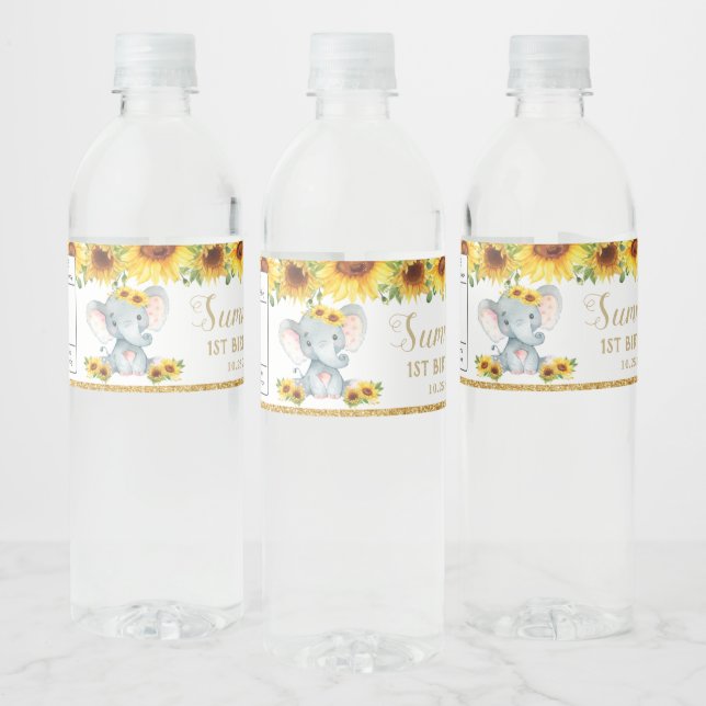 Sunflower Elephant 1st First Birthday Favor Water Bottle Label (Bottles)