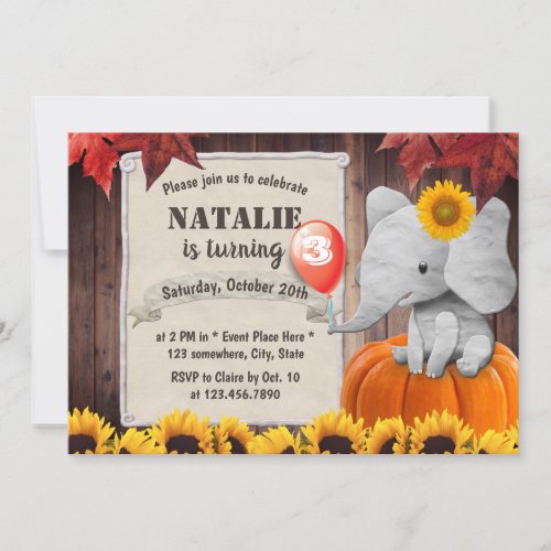 Sunflower  Elephant Autumn Pumpkin Girl Birthday Invitation