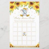 Sunflower Elephant Baby Shower Bingo Game