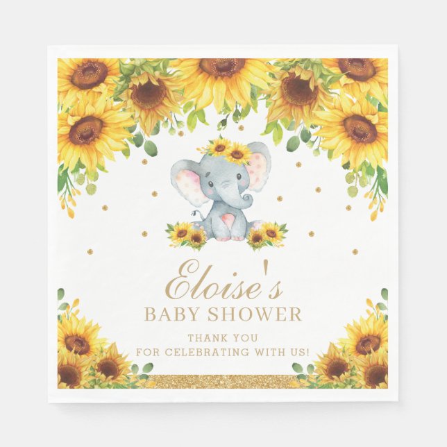 Sunflower Elephant Baby Shower Birthday Party Napkins (Front)