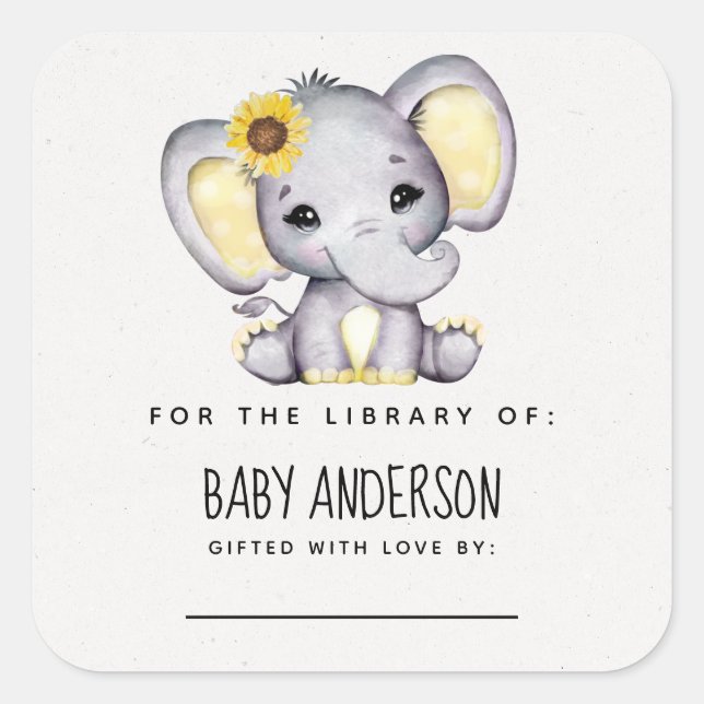 Sunflower Elephant Baby Shower Bookplate  (Front)