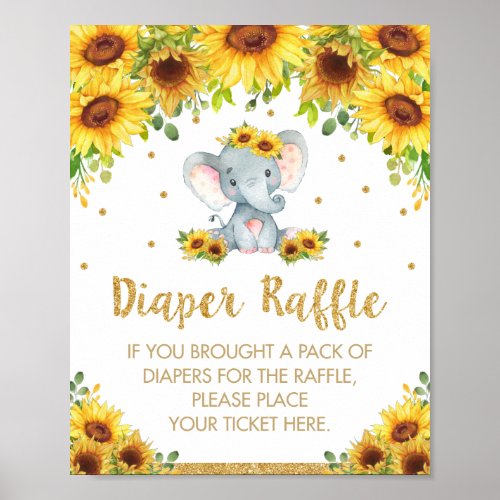 Sunflower Elephant Baby Shower Diaper Raffle Sign