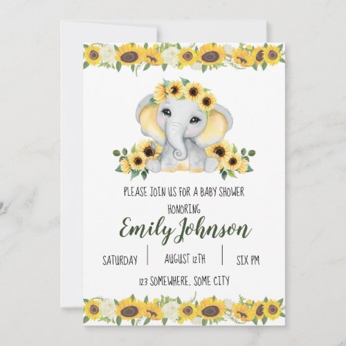 Sunflower Elephant baby Shower Invitation