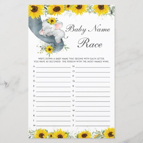 Sunflower Elephant Baby Shower Name Race Game