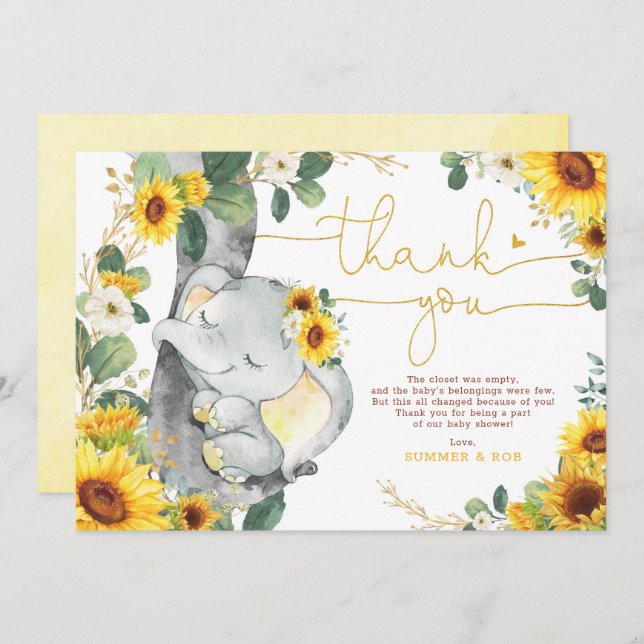 Sunflower Elephant Baby Shower Thank You Card (Front/Back)