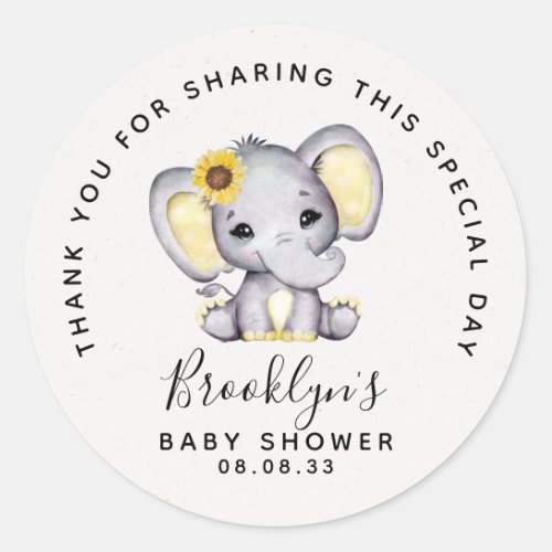 Sunflower Elephant Baby Shower Thank You  Classic Round Sticker