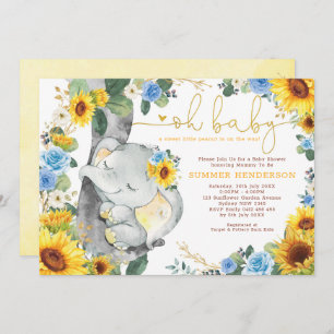 Sunflower Elephant Blue Roses Greenery Baby Shower Invitation