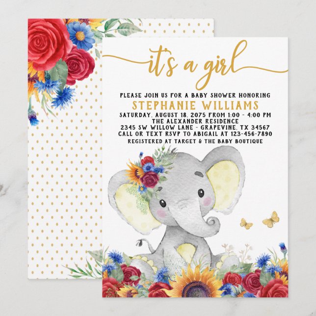 Sunflower Elephant Butterfly  Shower Invitation (Front/Back)
