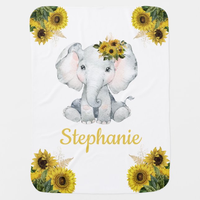 Sunflower Elephant  Custom Name Baby Blanket (Front)