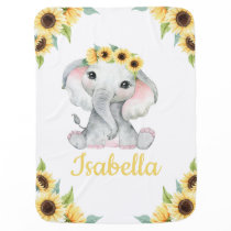 Sunflower Elephant Girl Baby Blanket Custom Name Sunflower Elephant Girl Baby Blanket Custom Name