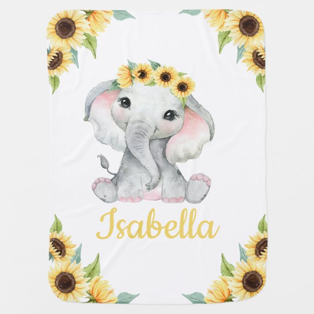 Sunflower Elephant Girl Baby Blanket Custom Name (Front)