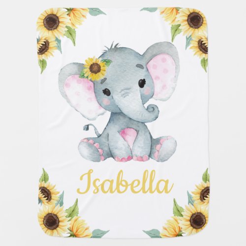 Sunflower Elephant Girl Baby Blanket Custom Name