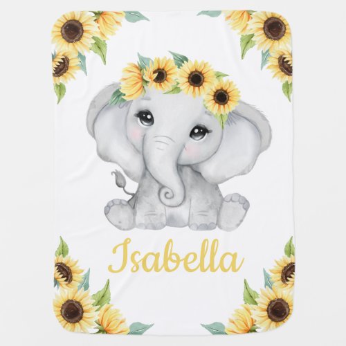 Sunflower Elephant Girl Baby Blanket Custom Name