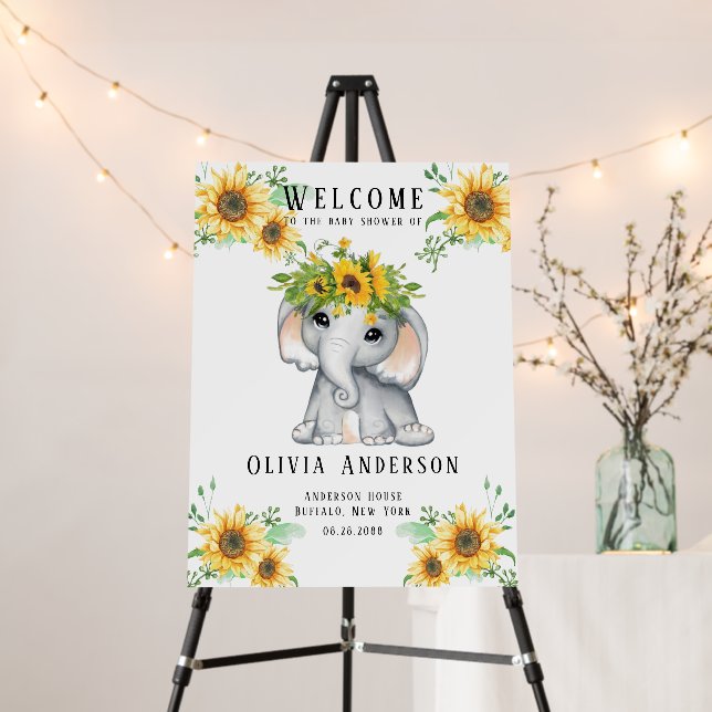 Sunflower Elephant Girl Baby Shower Welcome Sign (In Situ (Stand))