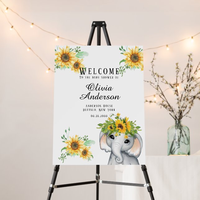 Sunflower Elephant Girl Baby Shower Welcome Sign (In Situ (Stand))