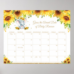Sunflower Elephant Guess Baby&#39;s Due Date Fun Game Poster