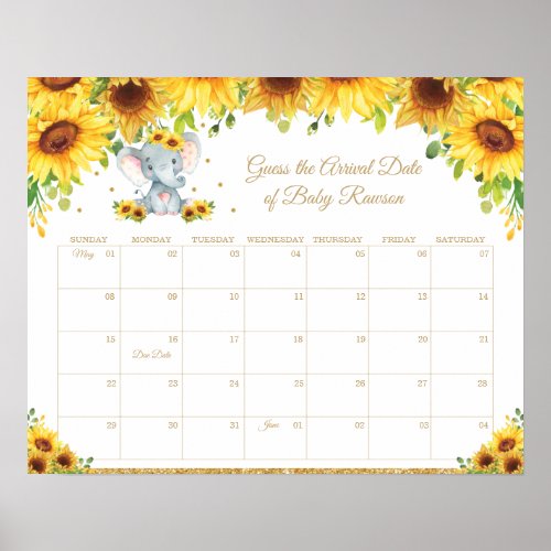 Sunflower Elephant Guess Babys Due Date Fun Game Poster