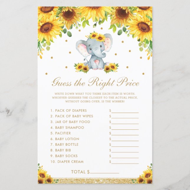 Sunflower Elephant Guess Right Price Shower Game (Front)