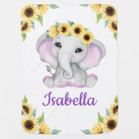 Sunflower Elephant Purple Baby Blanket Custom Name