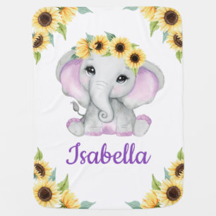 Sunflower Elephant Purple Baby Blanket Custom Name