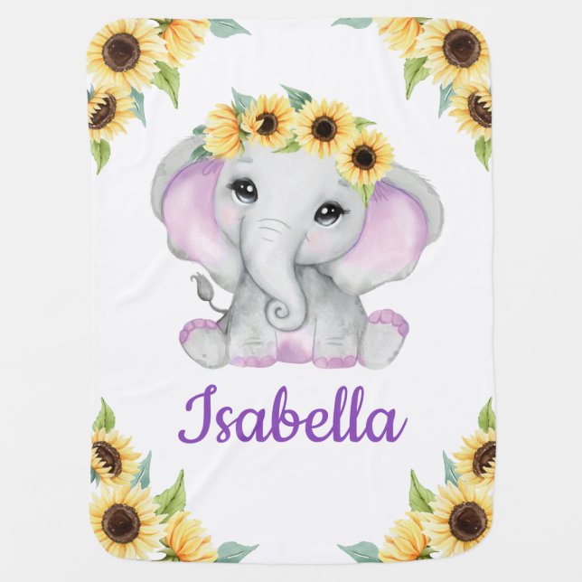 Sunflower Elephant Purple Baby Blanket Custom Name (Front)