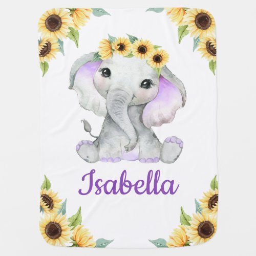 Sunflower Elephant Purple Baby Blanket Custom Name