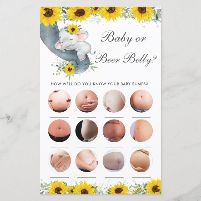 Sunflower Elephant Shower Baby or Beer Belly Game (Front)
