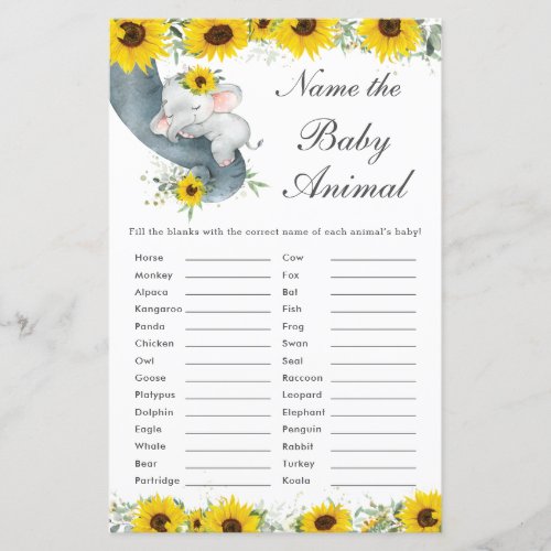 Sunflower Elephant Shower Name the Baby Animal 