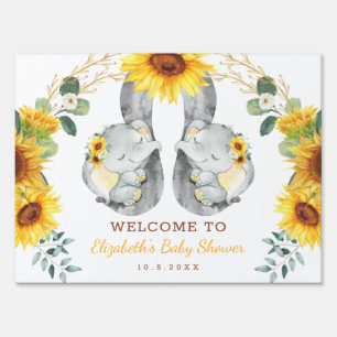 Sunflower Elephant Summer Twin Baby Shower Welcome Sign