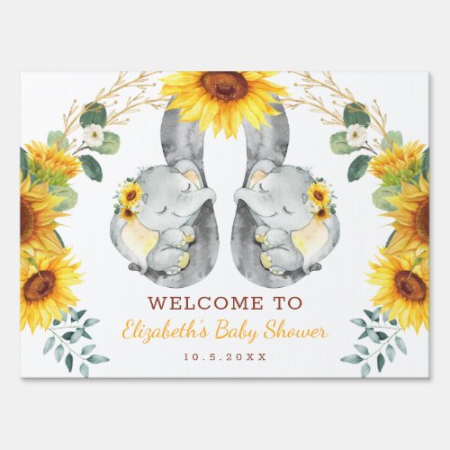 Sunflower Elephant Summer Twin Baby Shower Welcome Sign