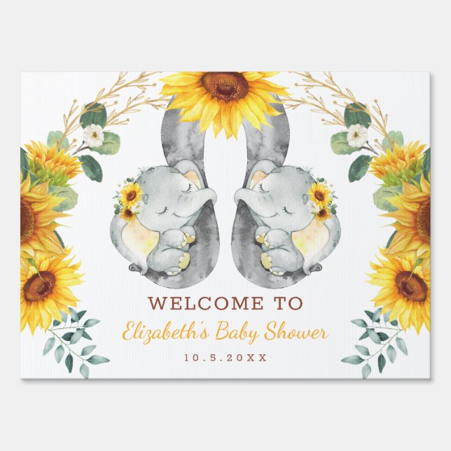 Sunflower Elephant Summer Twin Baby Shower Welcome Sign (Front)