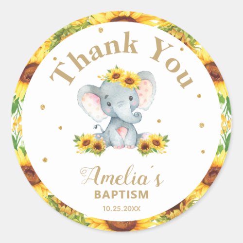 Sunflower Elephant Thank You Favor Gold Glitter Classic Round Sticker
