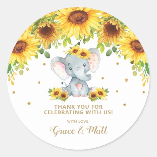 Sunflower Elephant Thank You Gold Glitter Classic Round Sticker