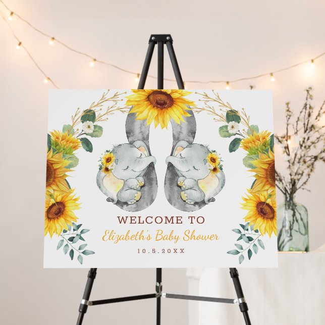 Sunflower Elephant Twins Baby Shower Welcome Foam Board (In Situ (Stand))