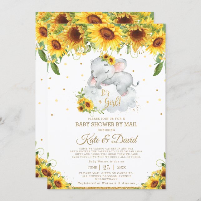 Sunflower Elephant Virtual Baby Shower by Mail Invitation (Front/Back)