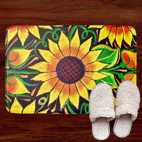 Sunflower Embroidery Mexican Art Bath Mat