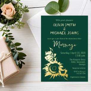 Sunflower Emerald green gold Wedding Invitation