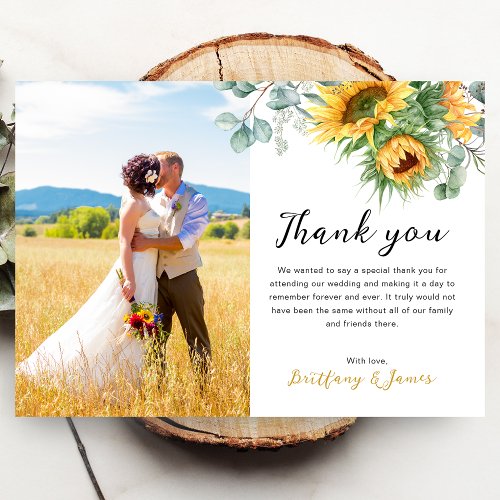 Sunflower Eucalyptus 2 Photos Wedding Thank You Card