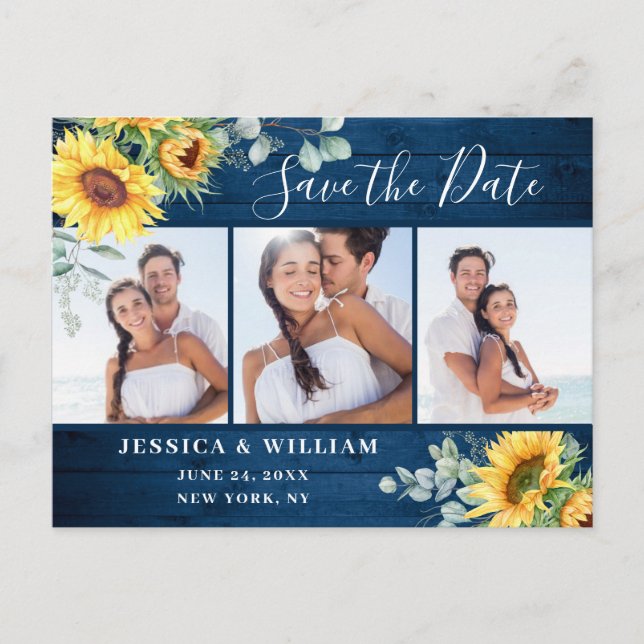 Sunflower Eucalyptus 3 PHOTO Wedding Save the Date Postcard (Front)