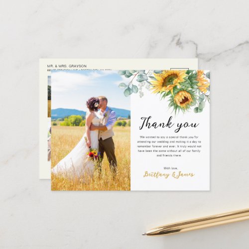 Sunflower Eucalyptus 4 Photos Wedding Thank You Postcard