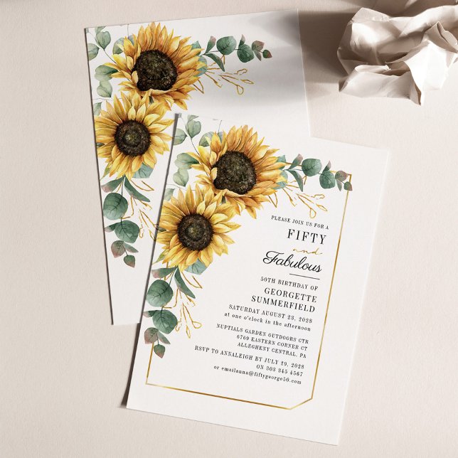 Sunflower Eucalyptus 50th Birthday Invitation (Sunflower Eucalyptus 50th Birthday Party Invitation Stationery)