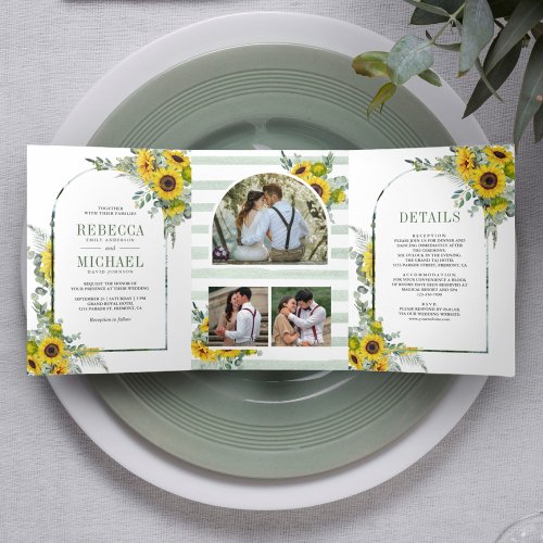 Sunflower Eucalyptus Arch All in One Wedding Tri_Fold Invitation