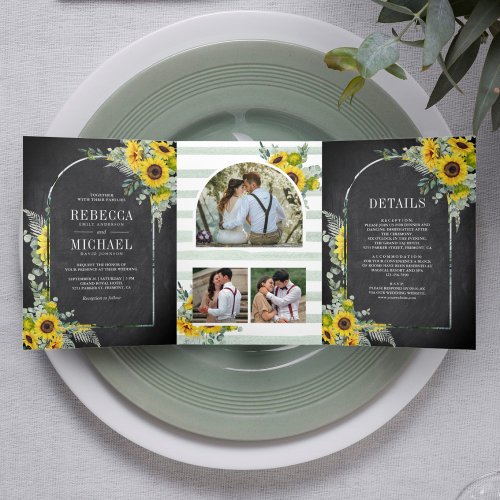 Sunflower Eucalyptus Arch Chalkboard Wedding Tri_Fold Invitation