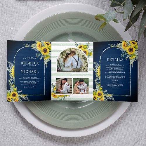 Sunflower Eucalyptus Arch Navy Blue Wood Wedding Tri_Fold Invitation