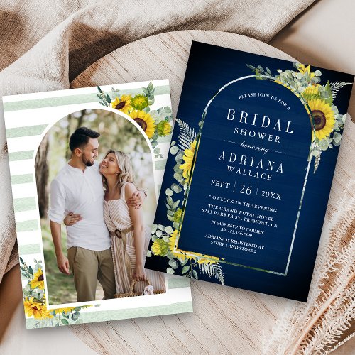 Sunflower Eucalyptus Arch Photo Navy Bridal Shower Invitation