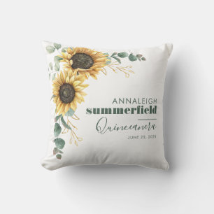Sunflower Eucalyptus Birthday Quinceanera Floral Throw Pillow