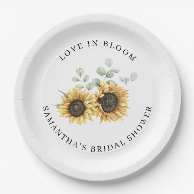 Sunflower Eucalyptus Bloom Bridal Shower Paper Plates (Front)