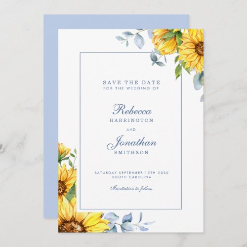 Sunflower  Eucalyptus Blue Wedding Save The Date
