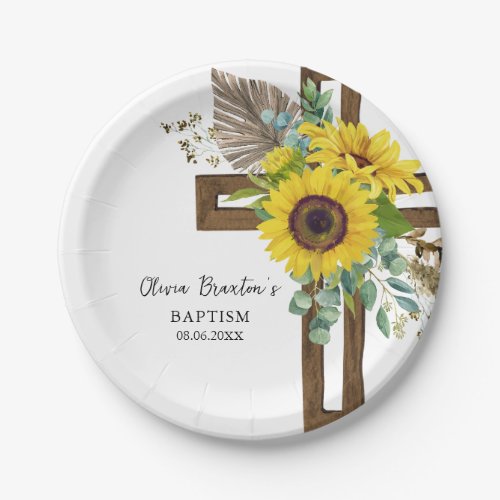 Sunflower & Eucalyptus Boho Baptism Paper Plate