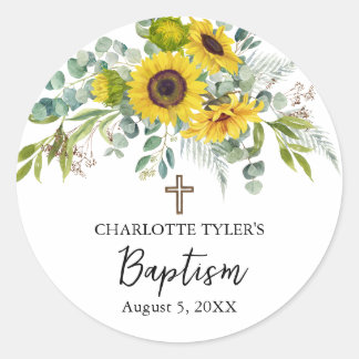 Sunflower & Eucalyptus Boho Cross Baptism Classic Round Sticker